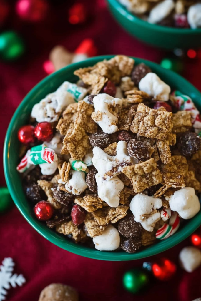 Bowl of festive snack mix with red and green candy-coated chocolates and sugar-dusted popcorn.