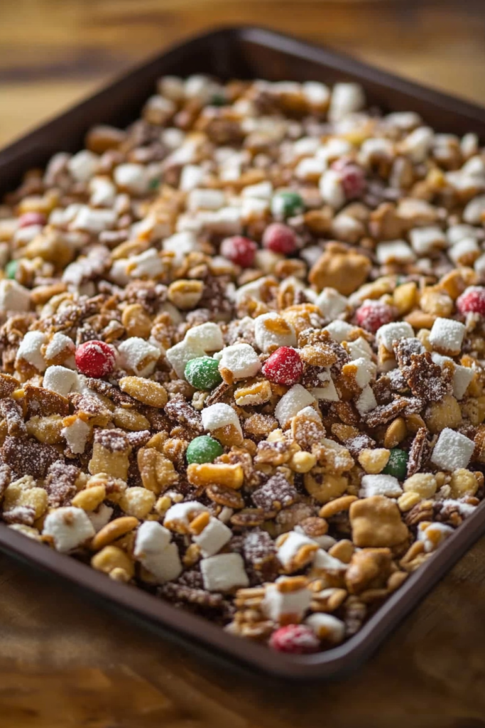 Homemade holiday snack mix arranged for sharing, full of crunchy cereal and peppermint treats.