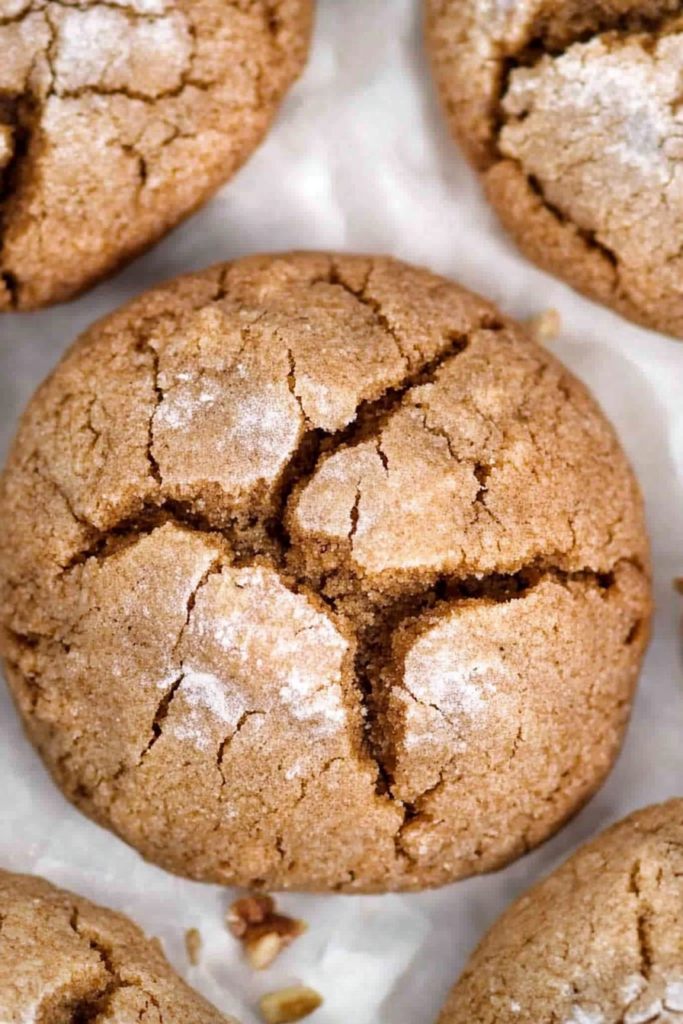 Close-up of Christmas Walnut Crinkle Cookies showing their thick, soft texture.