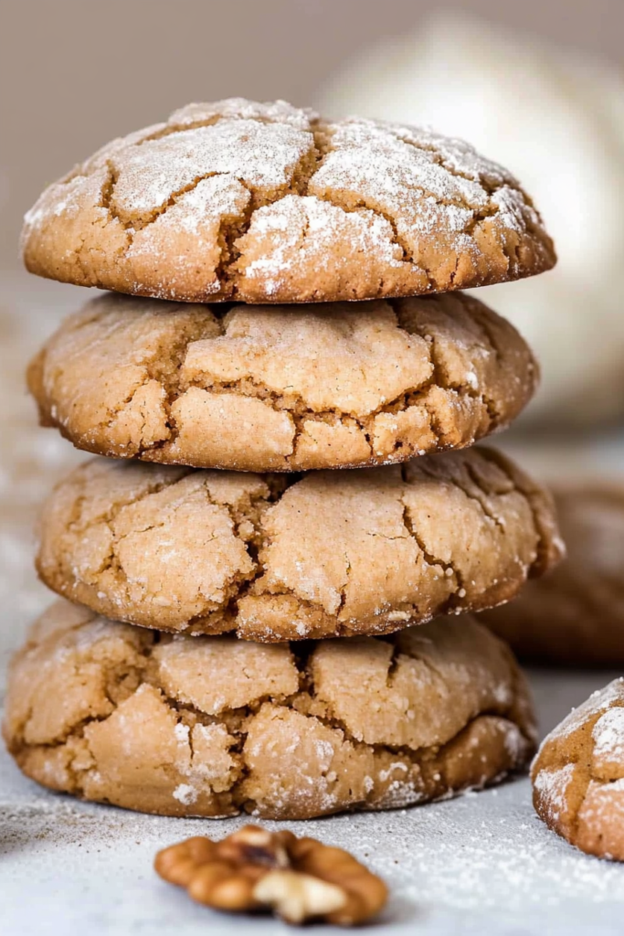 Stack of golden cookies with cracked tops and a dusting of powdered sugar.