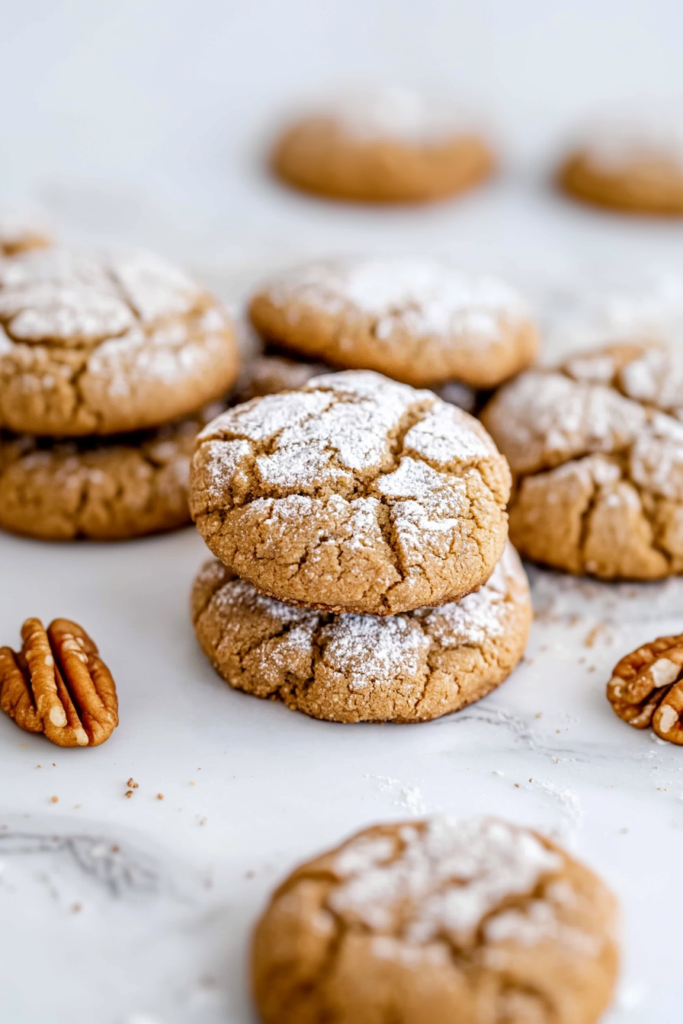 Cookies with delicate cracks and powdered sugar, a walnut placed nearby for detail.