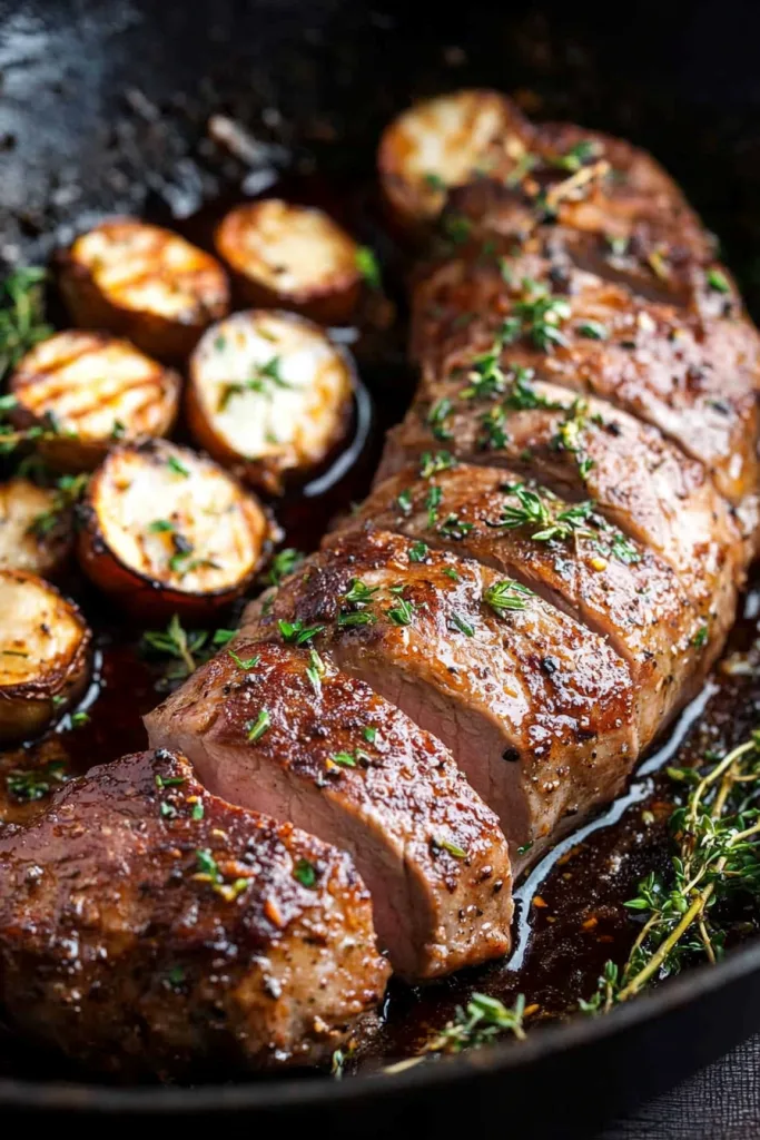 Sliced pork tenderloin with golden crust, drizzled in glossy pan sauce and paired with roasted potatoes.