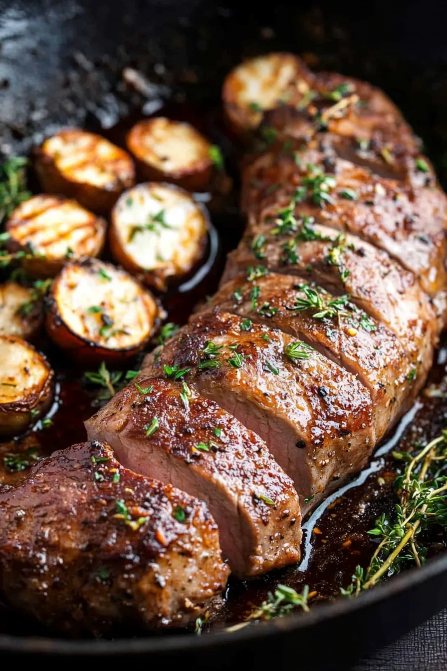 Sliced pork tenderloin with golden crust, drizzled in glossy pan sauce and paired with roasted potatoes.