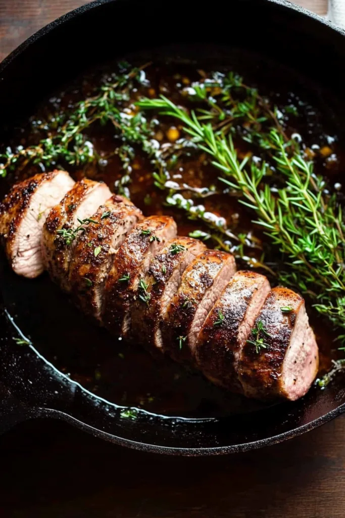 Panโseared pork tenderloin sliced thick, finished with herbs and roasted potato wedges.