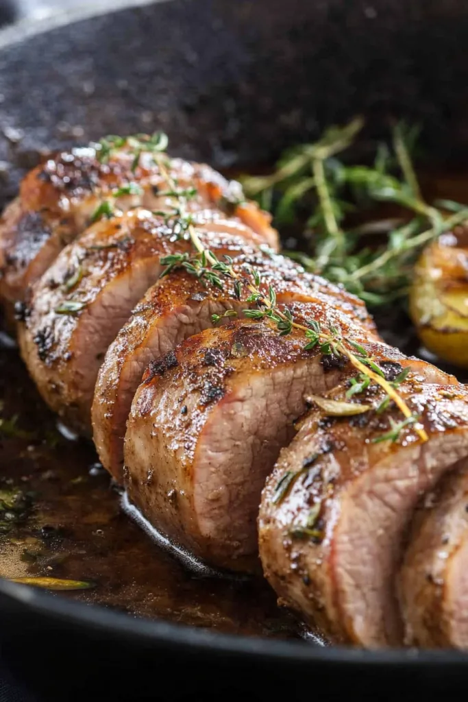 Tender pork pieces arranged in a skillet, sauce pooling around them with rustic potato sides.