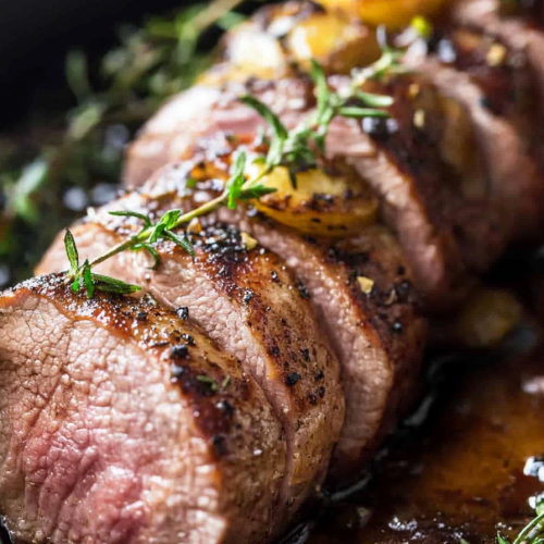 Juicy pork medallions resting in a skillet, caramelized edges glistening beside herbโtopped potato rounds.