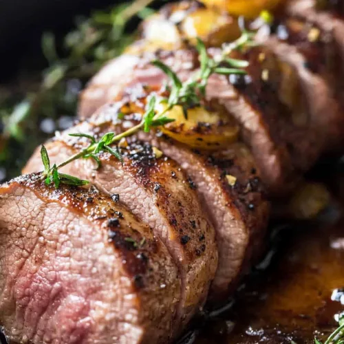 Juicy pork medallions resting in a skillet, caramelized edges glistening beside herbโtopped potato rounds.