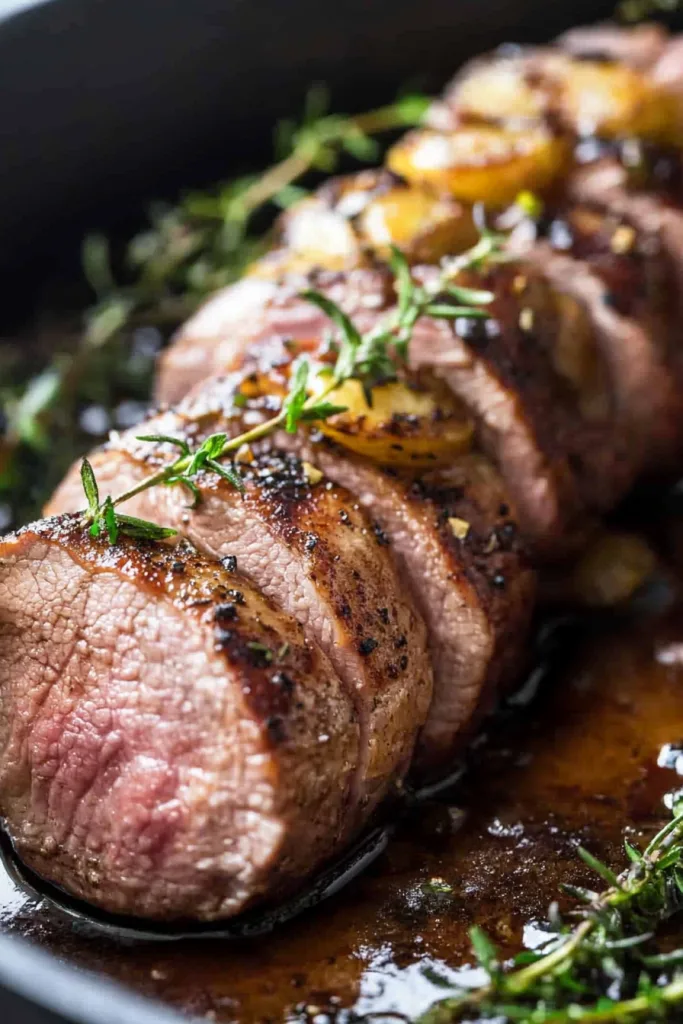 Juicy pork medallions resting in a skillet, caramelized edges glistening beside herbโtopped potato rounds.