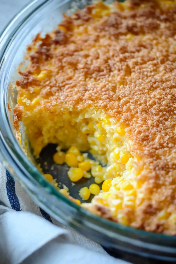 Golden-brown baked corn pudding in a glass dish, with a crisp top layer and visible kernels.