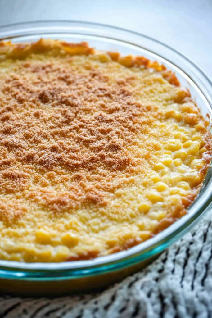 Final presentation of baked corn pudding, resting on a cloth with its golden surface catching the light.