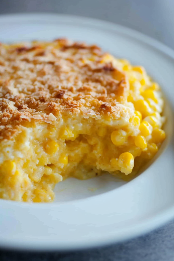 Close-up of creamy corn casserole, highlighting its browned crust and warm, comforting texture.