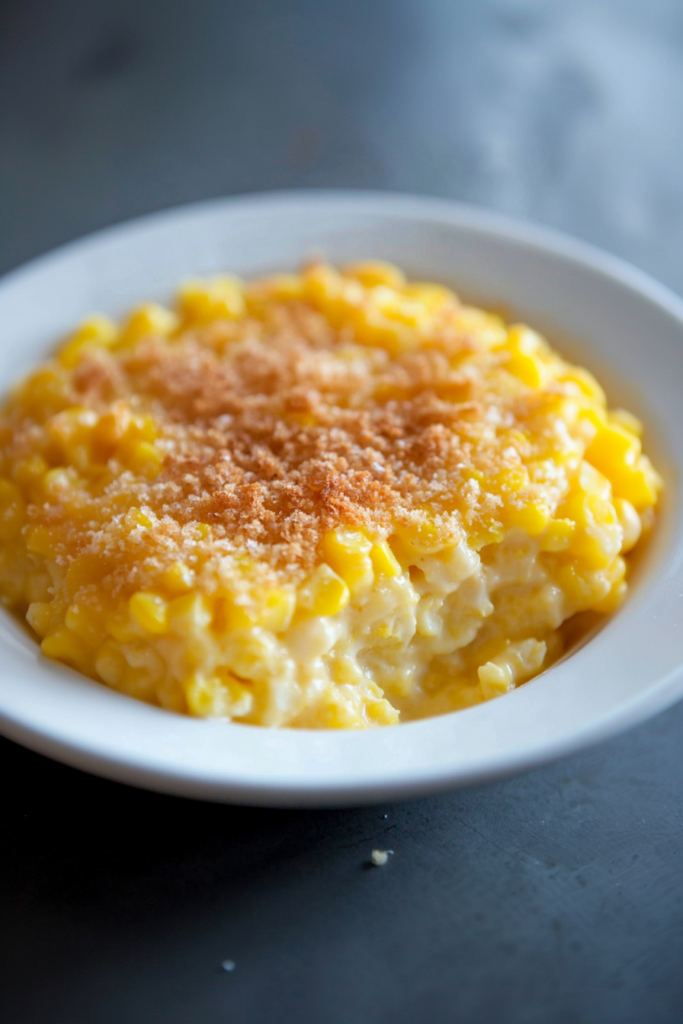 Overhead shot of corn casserole with a lightly crisp top, emphasizing its rich, golden tones.