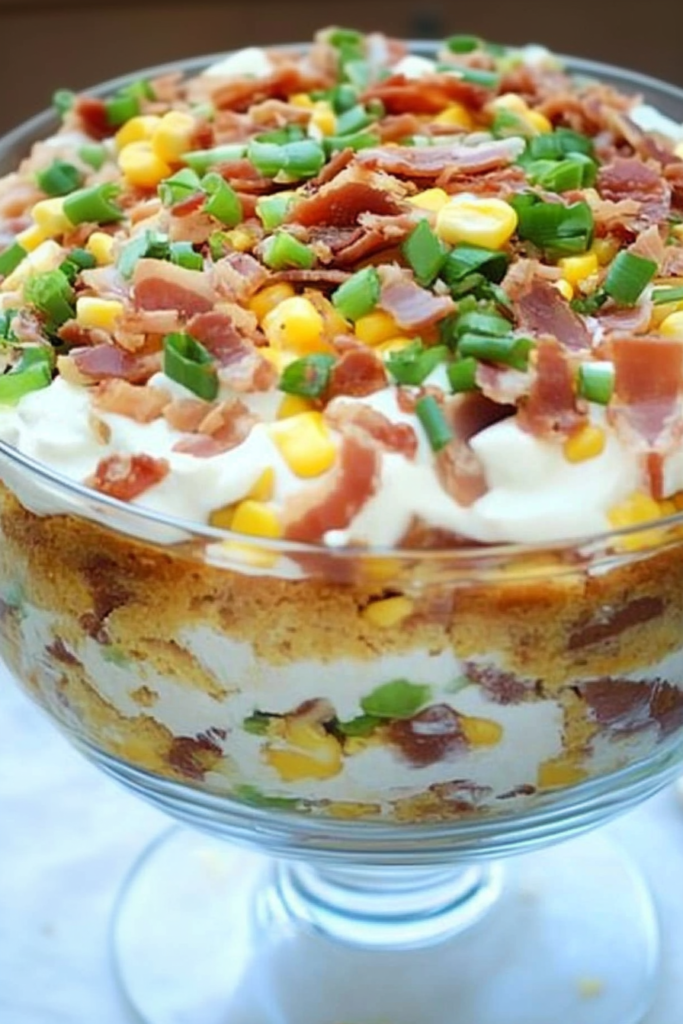 Savory cornbread salad in a clear bowl, topped with bacon and creamy dressing