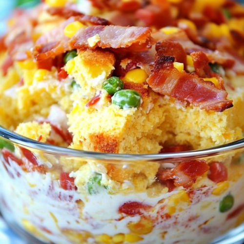 Rustic layered dish with cornbread chunks, bright vegetables, and creamy garnish