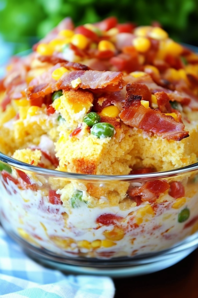 Rustic layered dish with cornbread chunks, bright vegetables, and creamy garnish