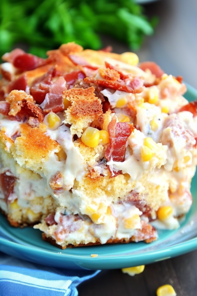 Final plated shot of Cowboy Cornbread Trifle, highlighting distinct layers of bread, veggies, and sauce