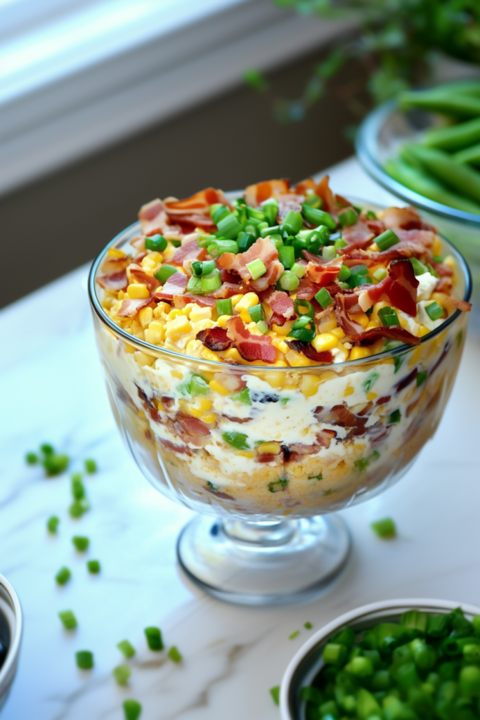 Layered glass bowl showing cornbread pieces, bacon, peas, corn, tomatoes, and creamy dressing