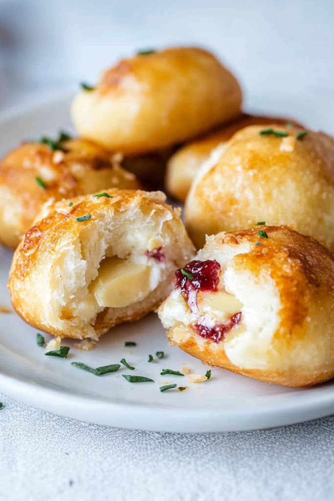Plate of freshly baked rolls, crisp on the outside and stuffed with creamy cheese and tart cranberry.