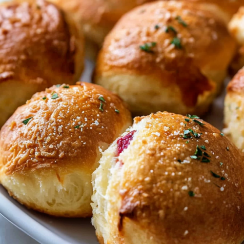 Stack of golden rolls with a fluffy texture, accented by herbs and a light cheese topping.