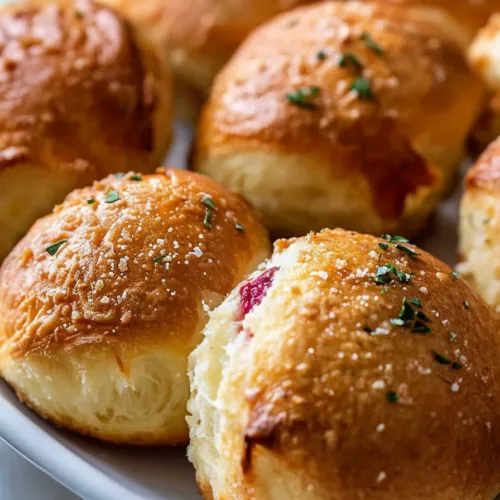 Stack of golden rolls with a fluffy texture, accented by herbs and a light cheese topping.