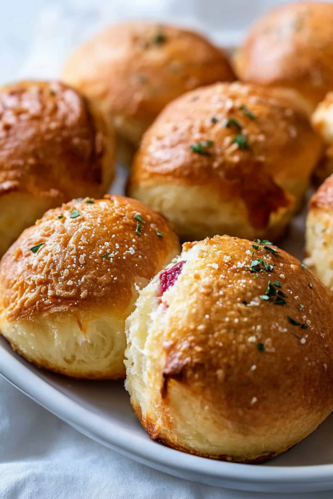 Stack of golden rolls with a fluffy texture, accented by herbs and a light cheese topping.