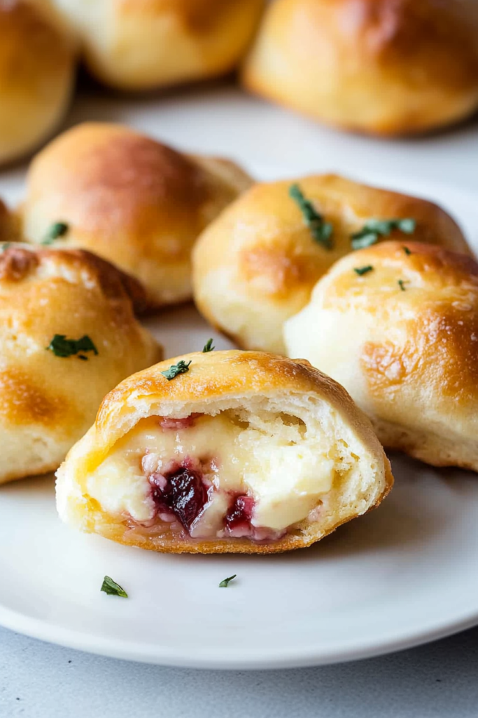Golden baked rolls sprinkled with herbs and coarse salt, one broken open to reveal gooey brie and cranberry filling.