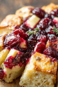 Close-up of glossy baked bread with creamy cheese and tart red filling between the cuts.