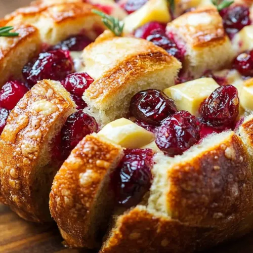 Holiday-style bread centerpiece, golden brown with melted brie and jewel-toned cranberry accents.