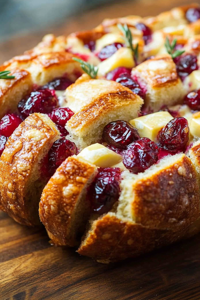 Holiday-style bread centerpiece, golden brown with melted brie and jewel-toned cranberry accents.