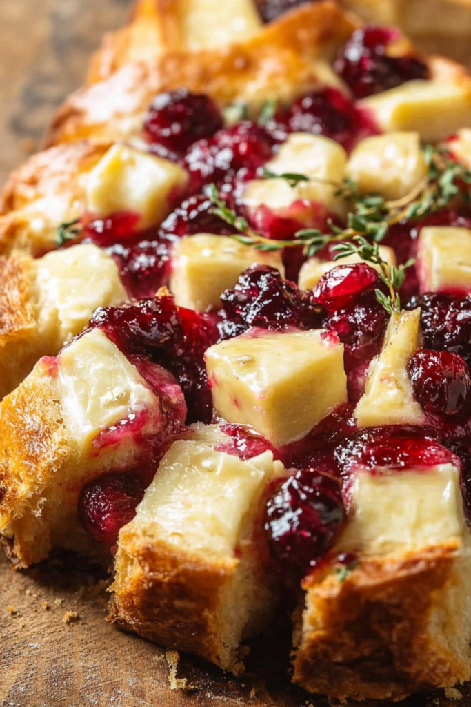 Festive pull-apart bread on a white plate, oozing melted brie and cranberry.