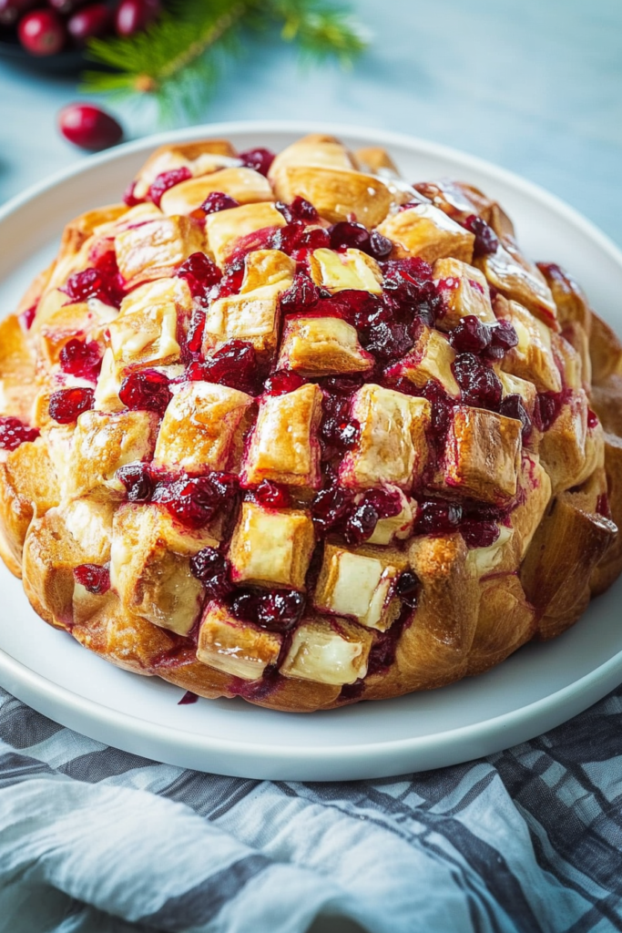 Golden loaf sliced into a grid, filled with melted cheese and vibrant cranberry sauce.