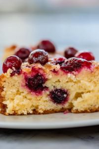 Moist cake with a browned edge and colorful berry topping, styled simply against a bright background.