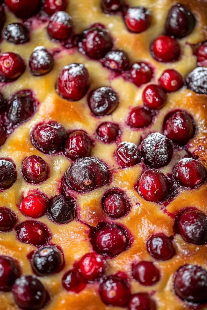 Close-up of fluffy cake interior with a glossy berry-studded crust.