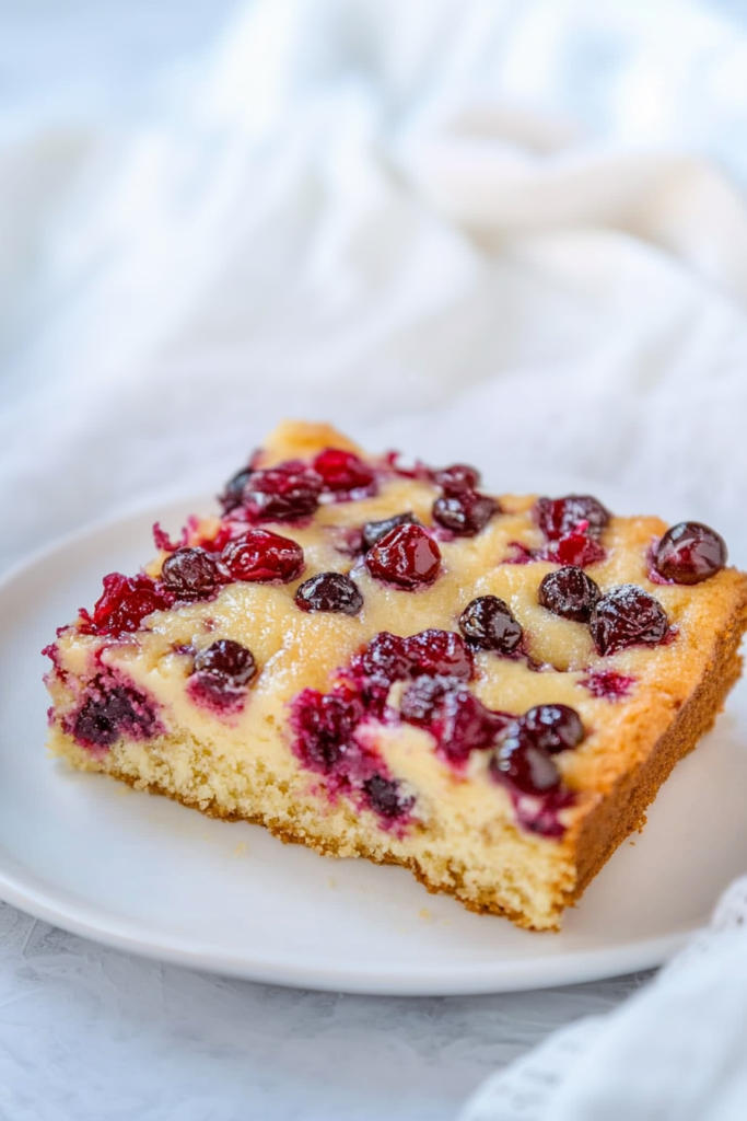Final presentation of cake slice on a white plate, with vibrant cranberries and blueberries baked in.