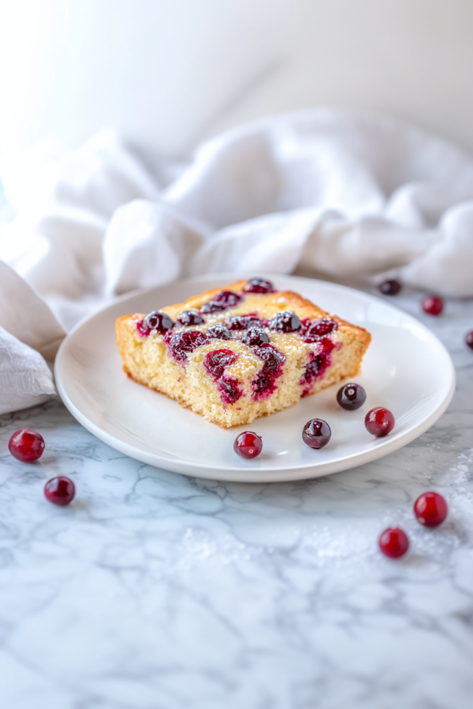 Slice of golden cake with a fluffy interior and baked berries glistening on top.