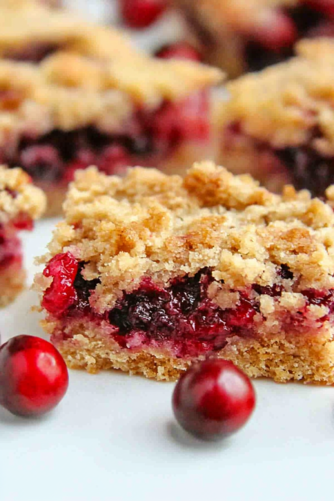 Slice of fruit-filled dessert bar with a golden crumble topping