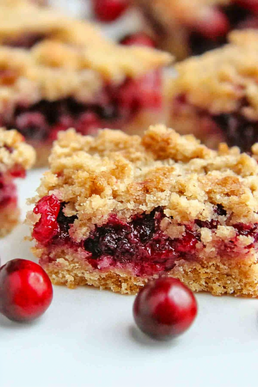 Slice of fruit-filled dessert bar with a golden crumble topping