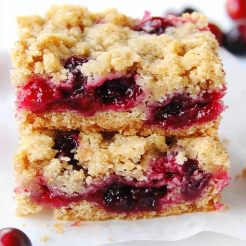 Close-up of a buttery crumb bar filled with sweet-tart cranberry layers