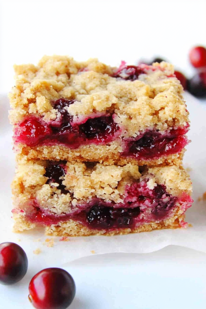 Close-up of a buttery crumb bar filled with sweet-tart cranberry layers