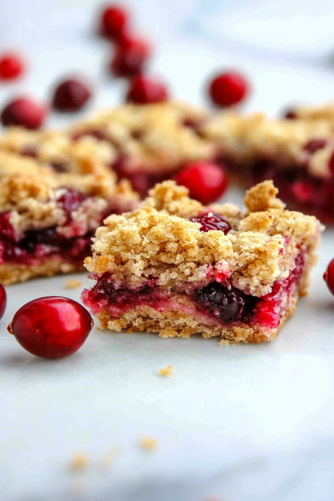 Golden crumb-topped square with a vibrant red fruit filling inside