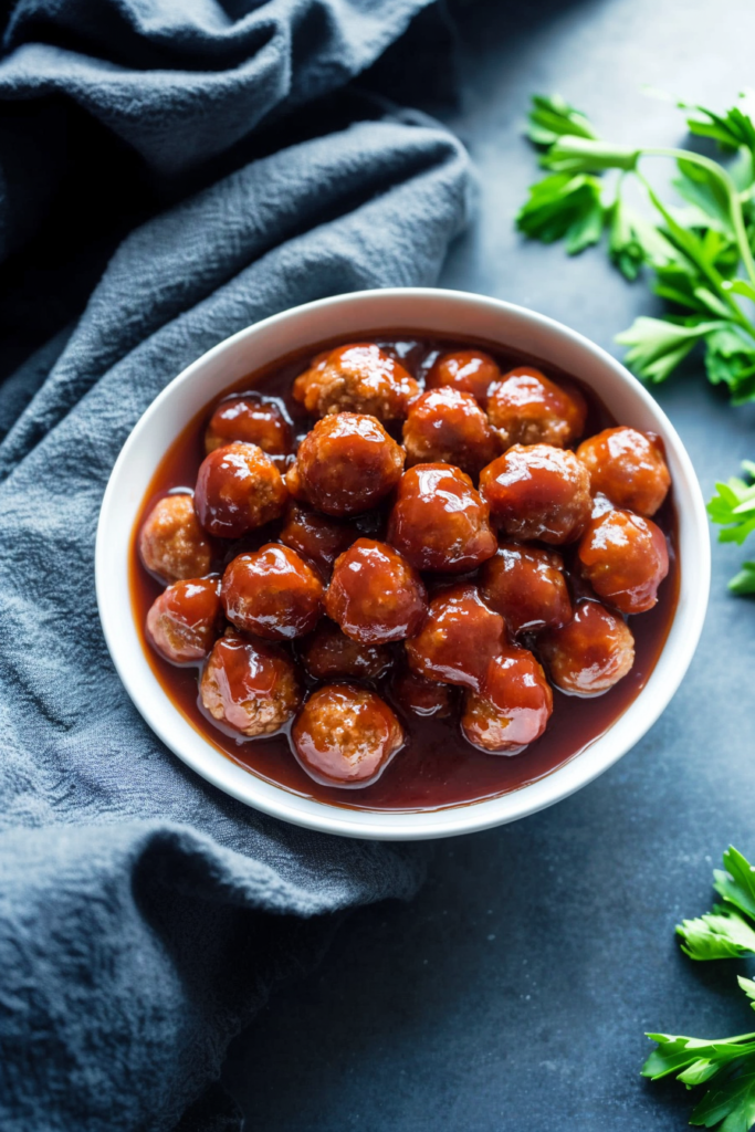 Glazed meatballs arranged in a serving bowl, highlighting their texture and deep cranberry color.
