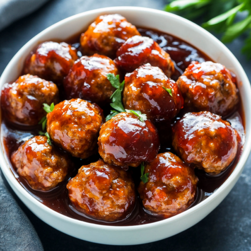 Final presentation of saucy meatballs, parsley sprinkled on top, styled against a dark background.