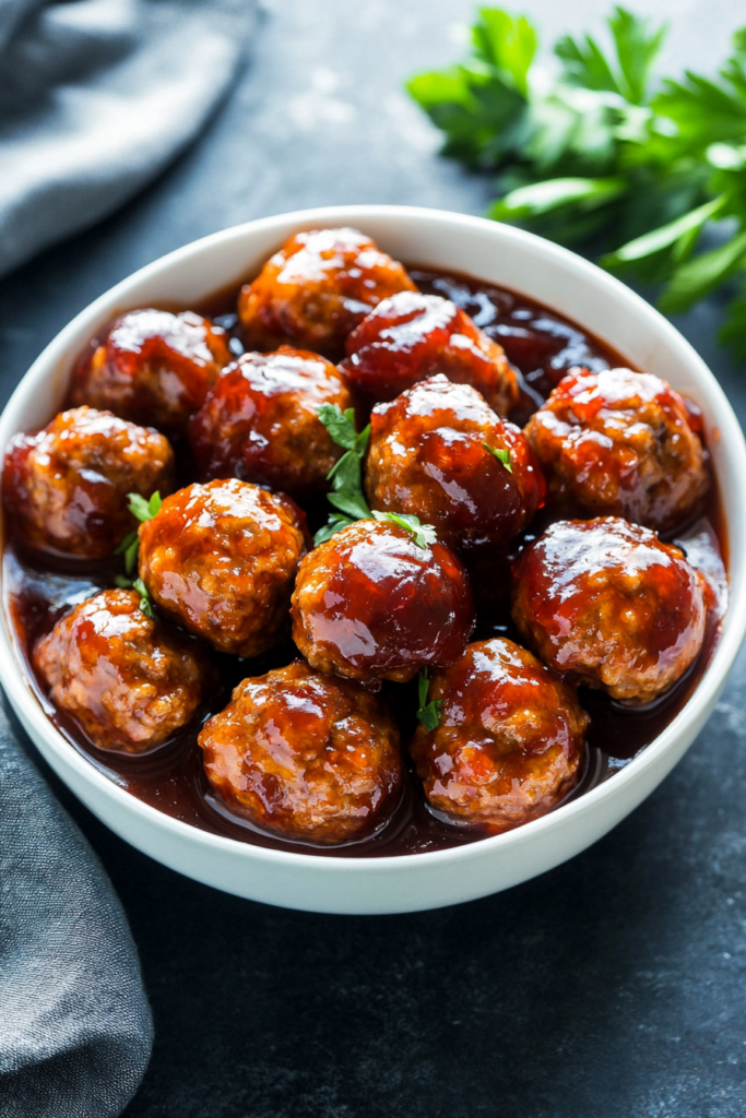Final presentation of saucy meatballs, parsley sprinkled on top, styled against a dark background.