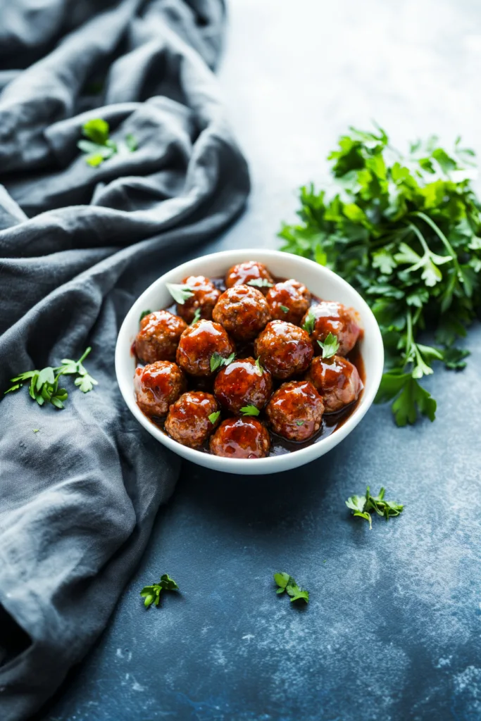 White bowl filled with glossy meatballs coated in cranberry glaze, garnished with fresh parsley.