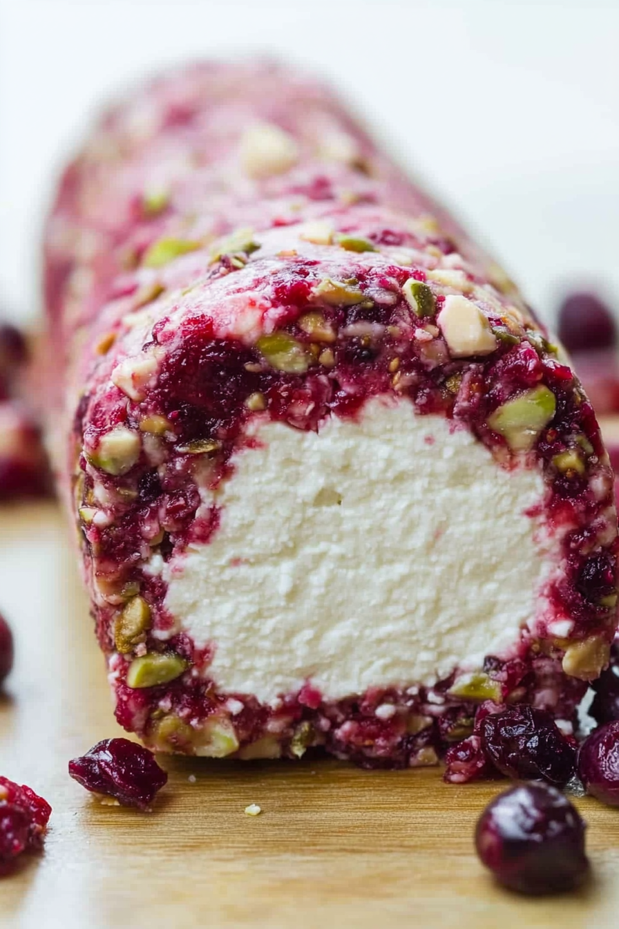 Log-shaped cheese roll with vibrant red cranberries and green pistachios, styled simply with scattered garnish.