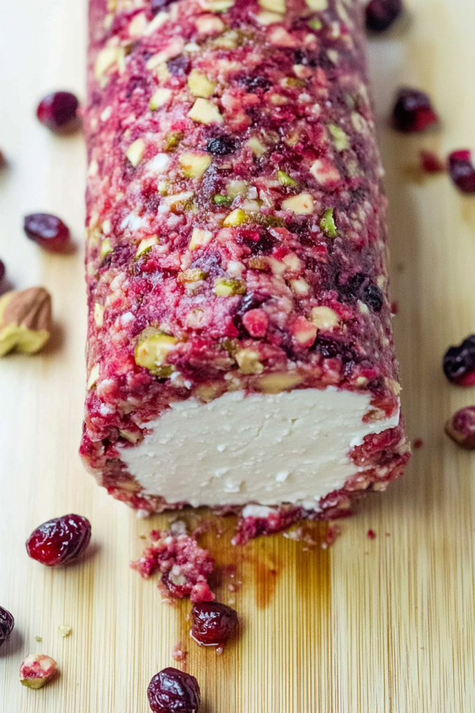 Overhead shot of cheese log appetizer, its textured coating catching the light against a wooden surface.