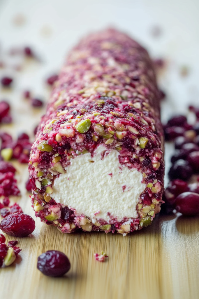 Festive cheese log coated with chopped pistachios and cranberries, placed on a rustic wooden board.