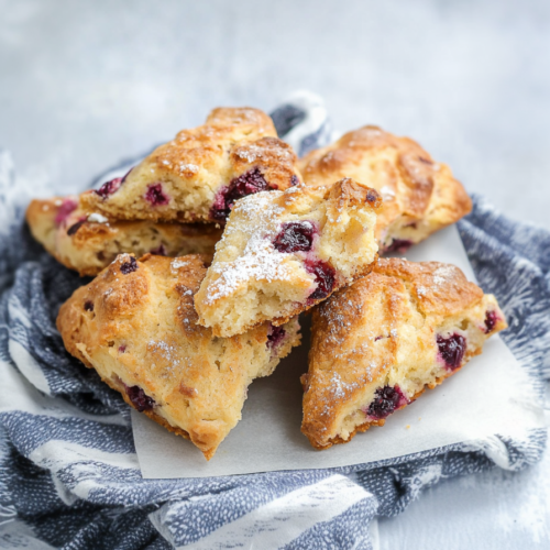 Freshly baked scones arranged on a rack, showcasing crisp edges and soft berry-filled centers.