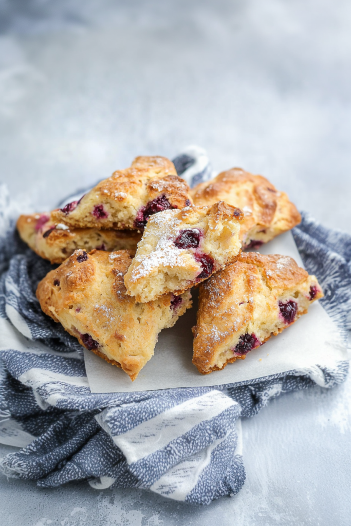 Freshly baked scones arranged on a rack, showcasing crisp edges and soft berry-filled centers.