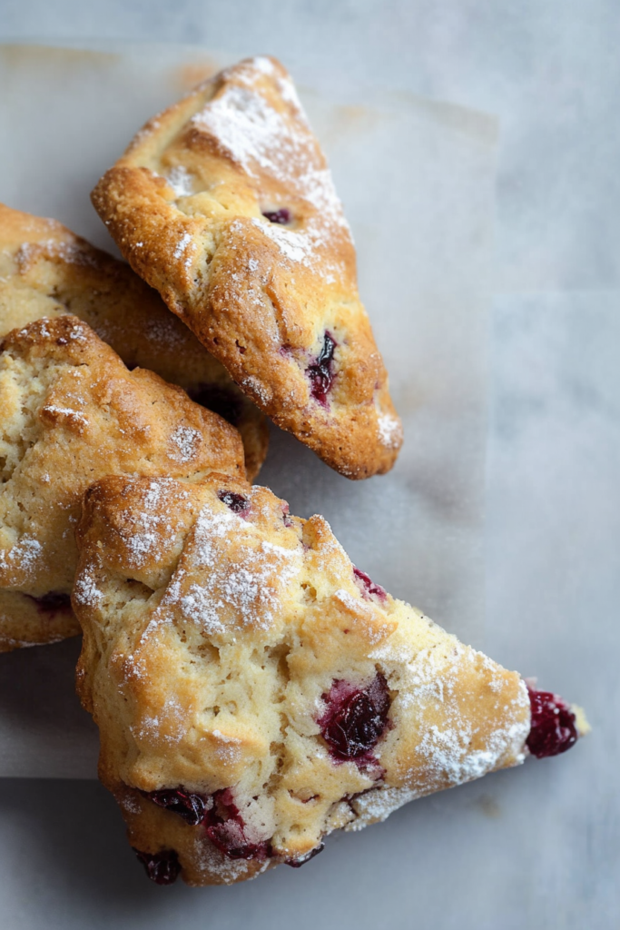 Rustic pastries with a golden surface, speckled with cranberries and finished with a sugar dusting.